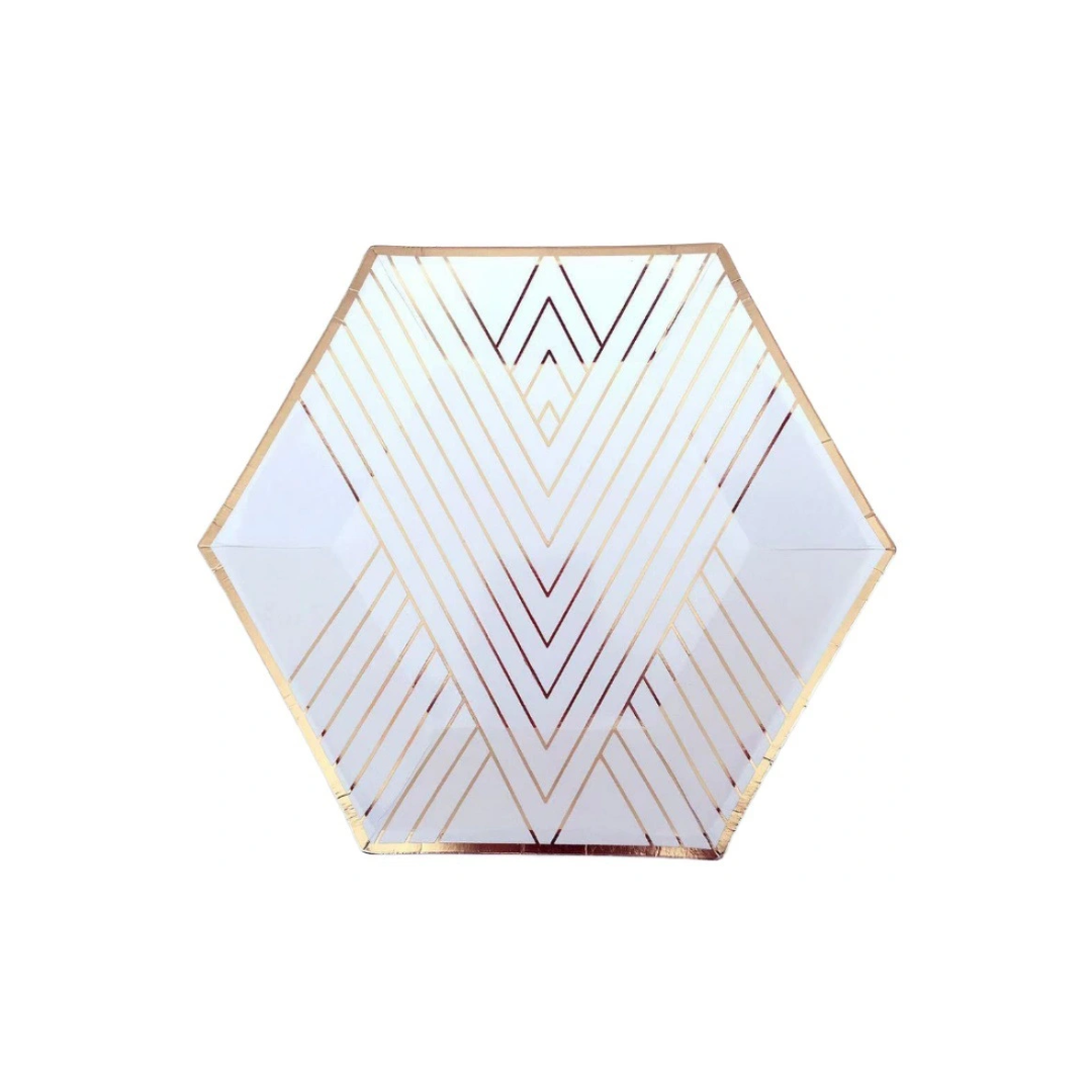 PLATO HEXAGONAL LINEAS- BLANCO & DORADO